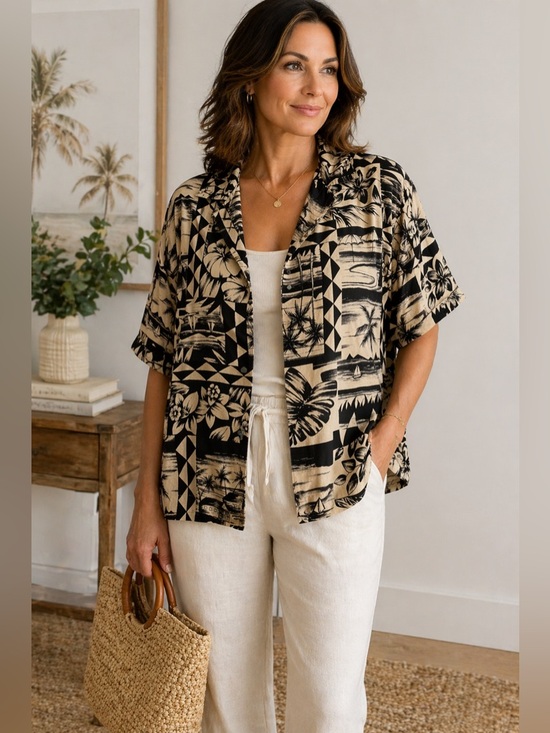 Chico's Tops - Chico’s 100% Silk Hawaiian Button Up Shirt Size Large Black Tan Tropical Print
